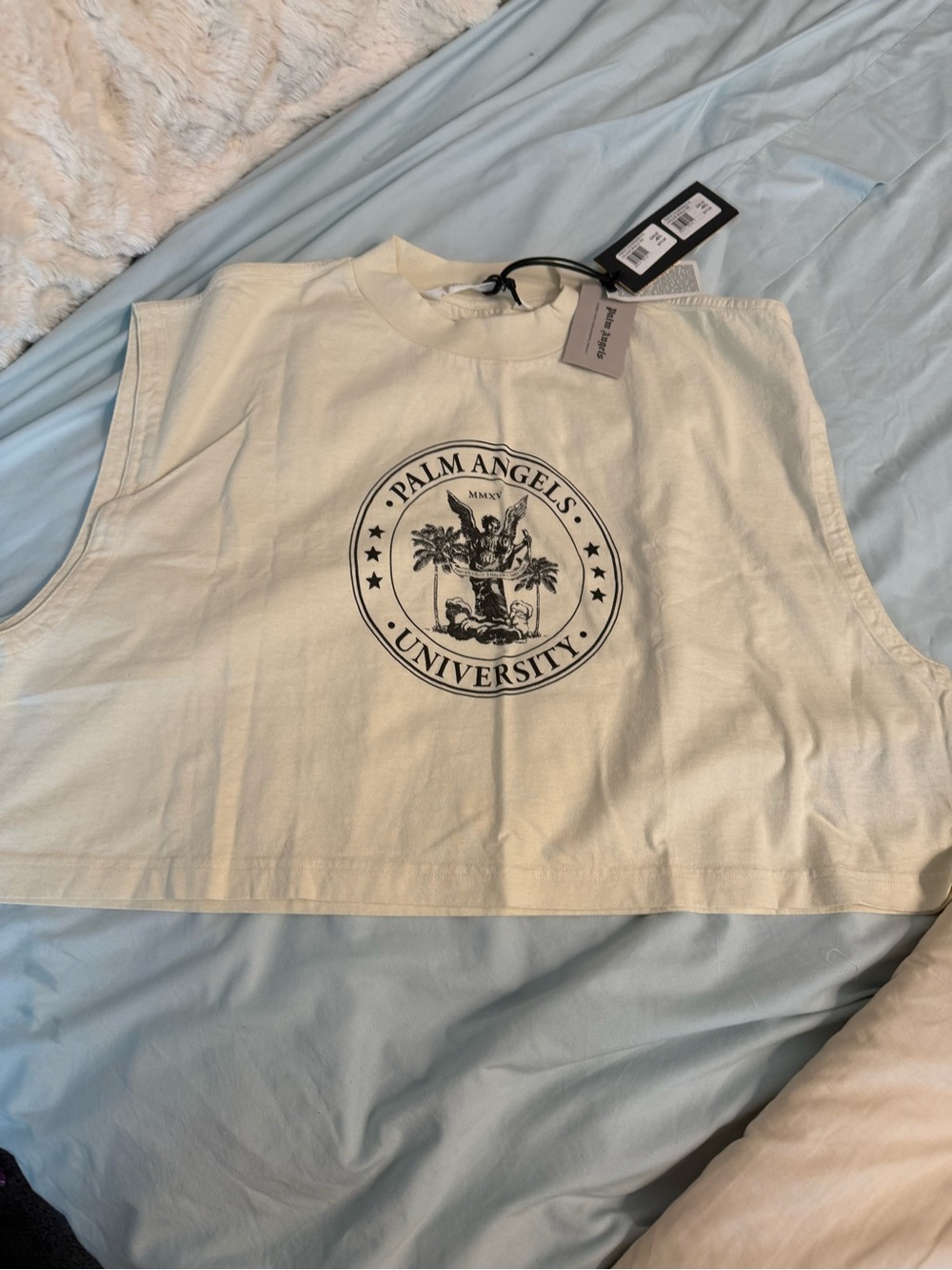 Palm Angels Cream Cropped University Logo Tank